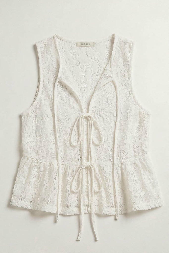 White lace sleeveless top on a light gray background