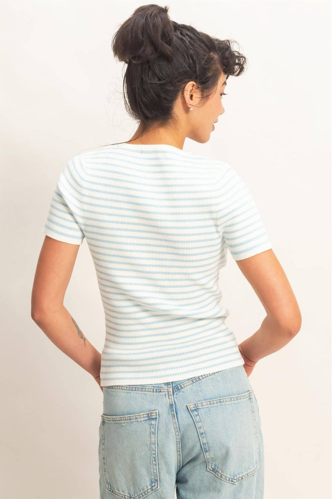 Hot Enough Striped Ribbed Top - Light Blue