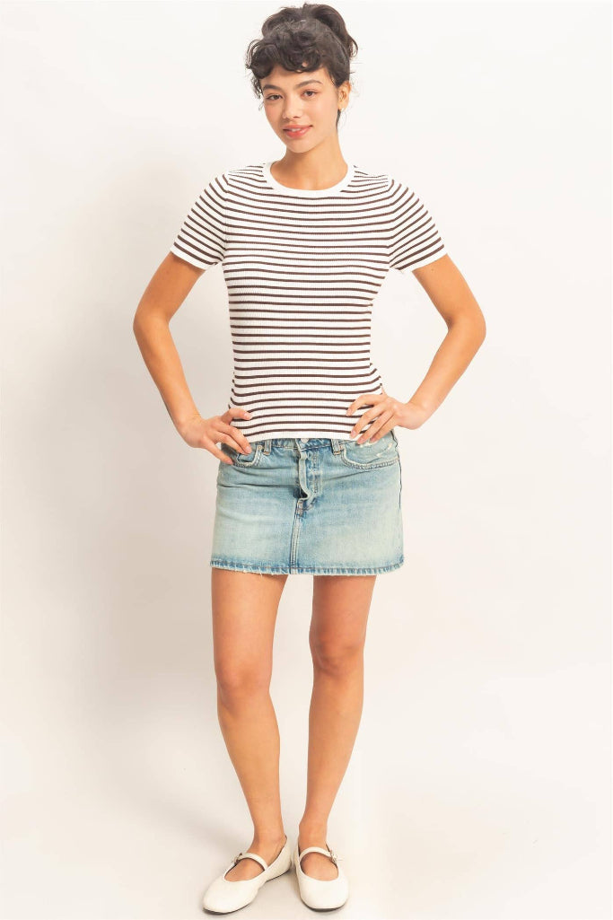 Hot Enough Striped Ribbed Knit Top - Navy