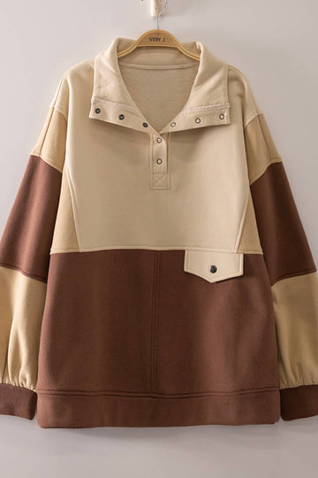Better Bet Half Snap Sweatshirt - Beige/Brown