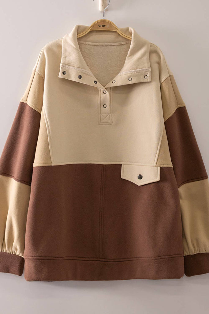 Better Bet Half Snap Sweatshirt - Beige/Brown