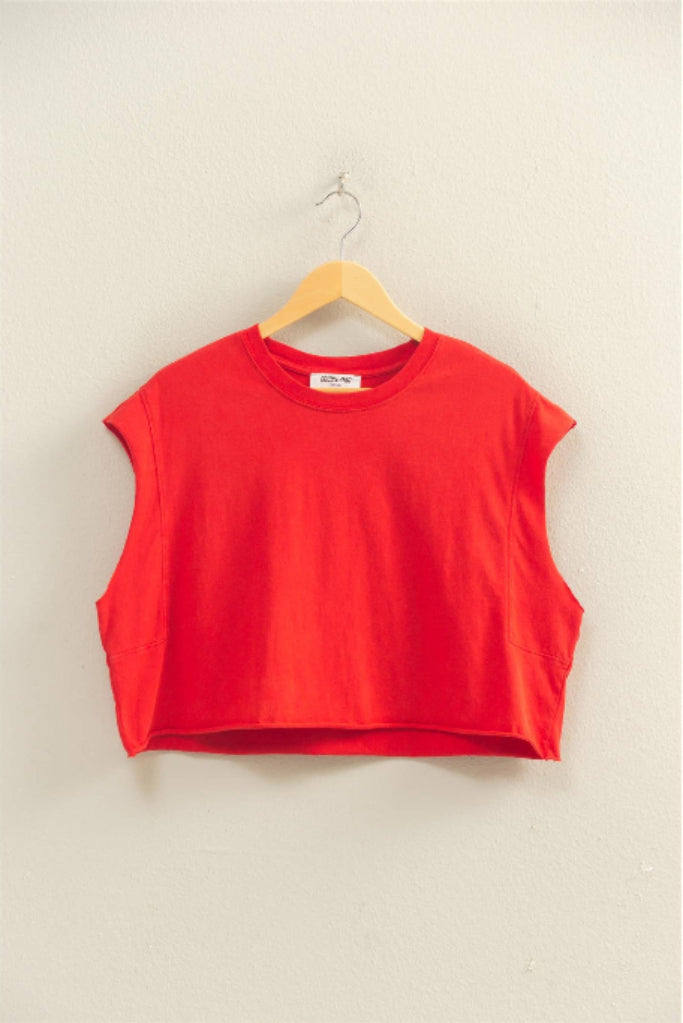 Weekend Walk Crew Neck Boxy Cropped Top - Red