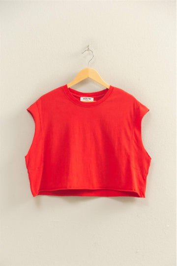 Weekend Walk Crew Neck Boxy Cropped Top - Red