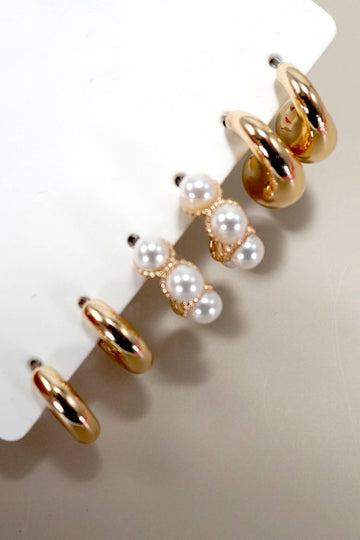 JOSSLYN by wall to wall - TRIO HUGGIE PEARL GOLD HOOP EARRINGS | 80E5596