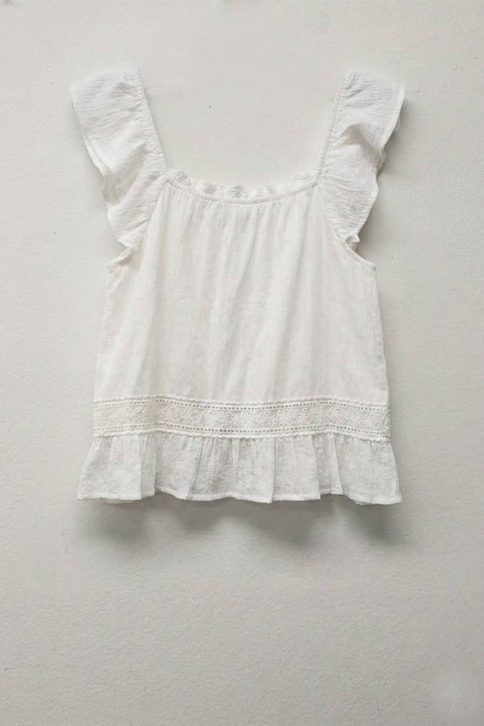 White lace-trimmed top on a light gray background