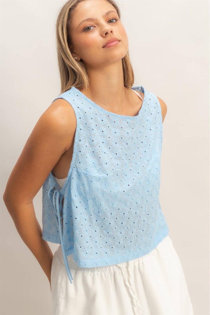 Caught Up Eyelet Top- Light Blue