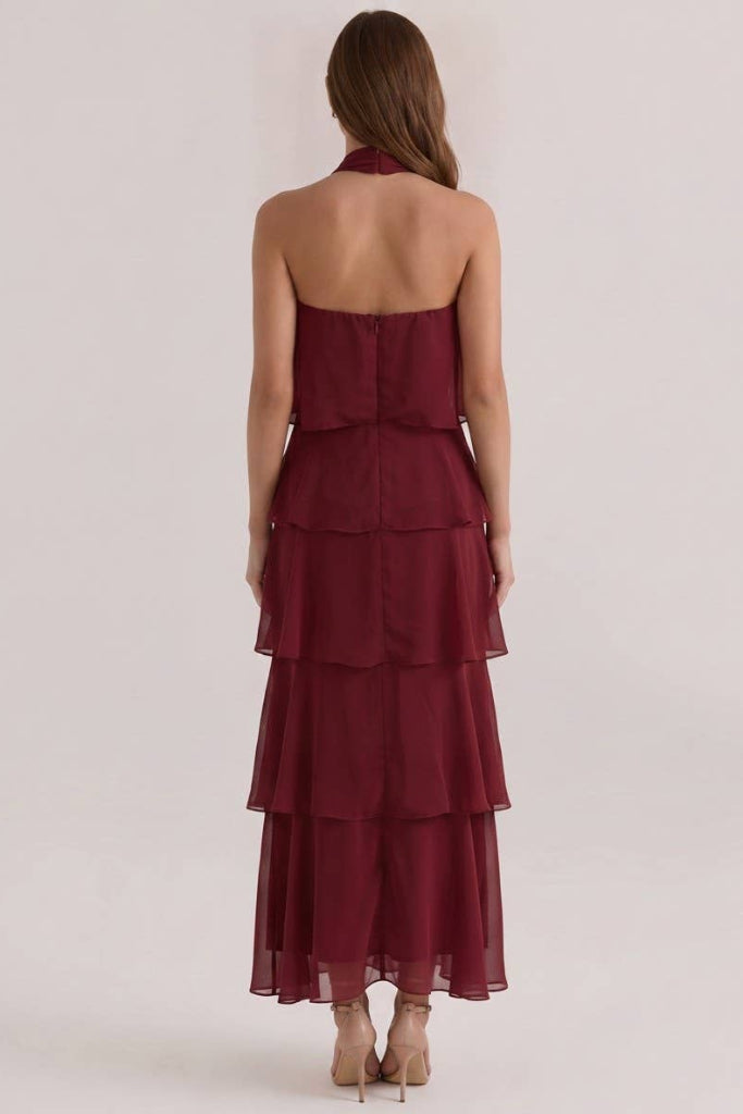 Strutting In Tiered Midi Dress - Deep Red