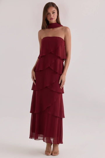 Strutting In Tiered Midi Dress - Deep Red