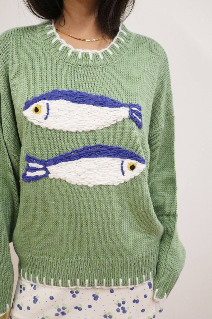 Lucky Catch Fish Embroidered Sweater - Green