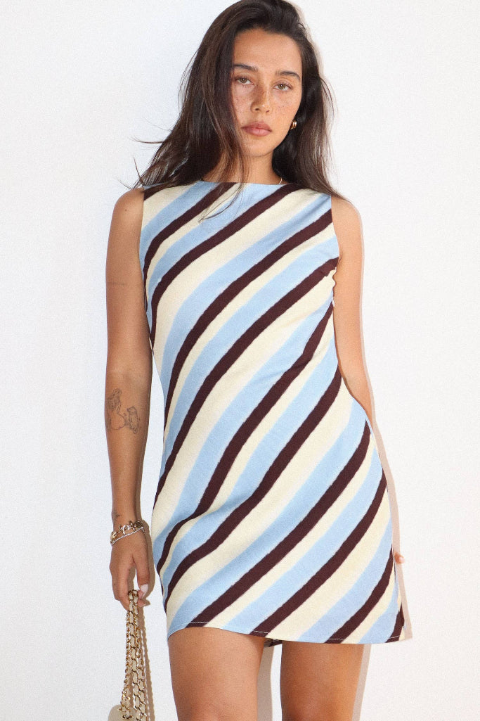 Sail Away Diagonal Stripe Mini Dress - Blue Multi