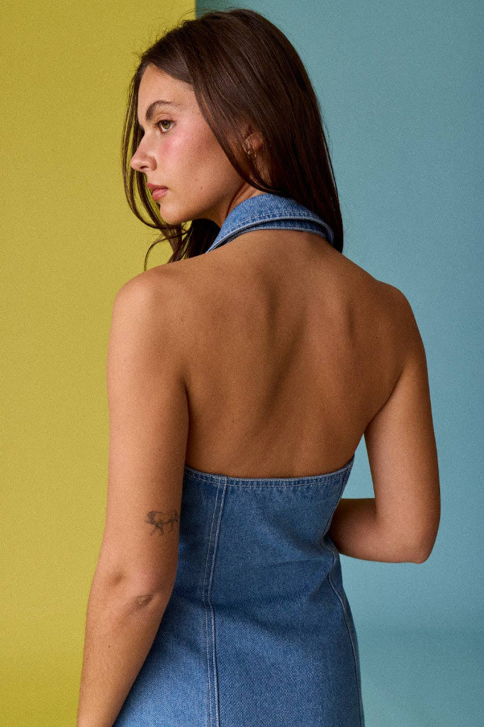Inside Scoop Halter Mini Dress - Denim