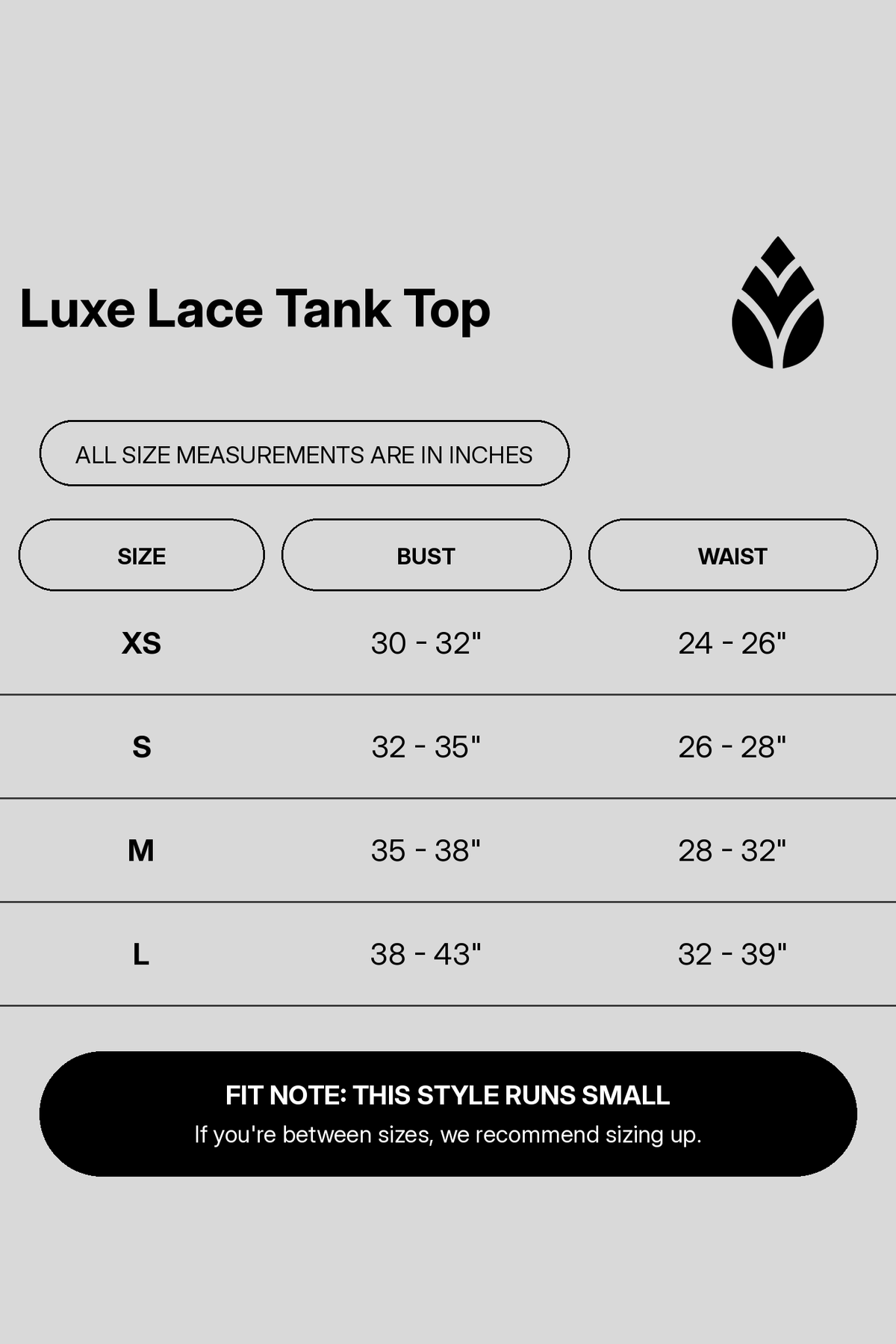 luxe-lace-tank-top size chart