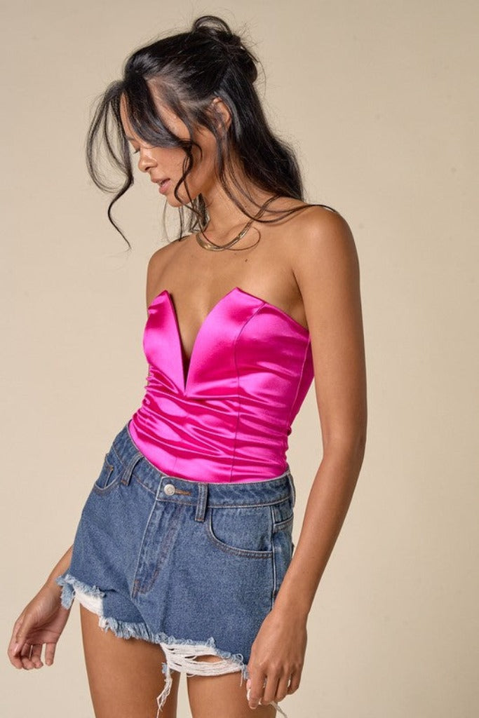I&#039;m Not Sorry Strapless Bodysuit- Fuchsia