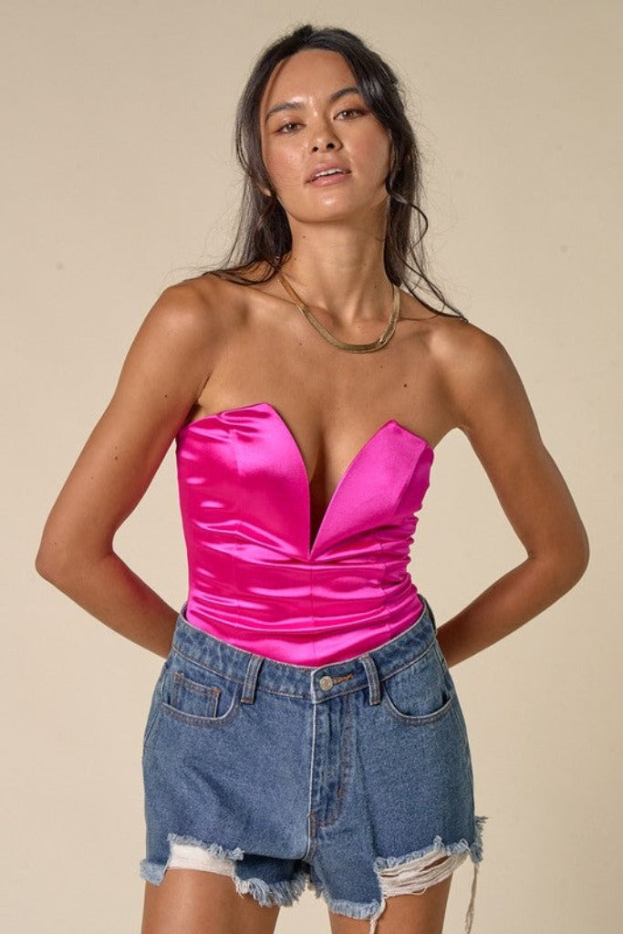 I&#039;m Not Sorry Strapless Bodysuit- Fuchsia