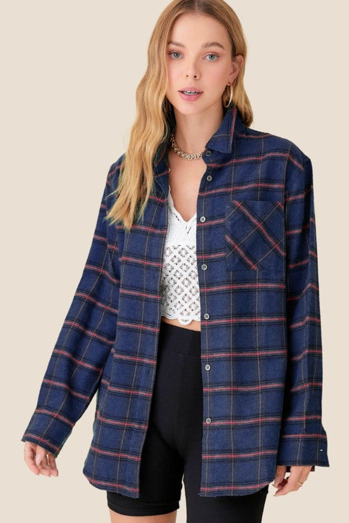 Tell Me More Flannel Top- Navy