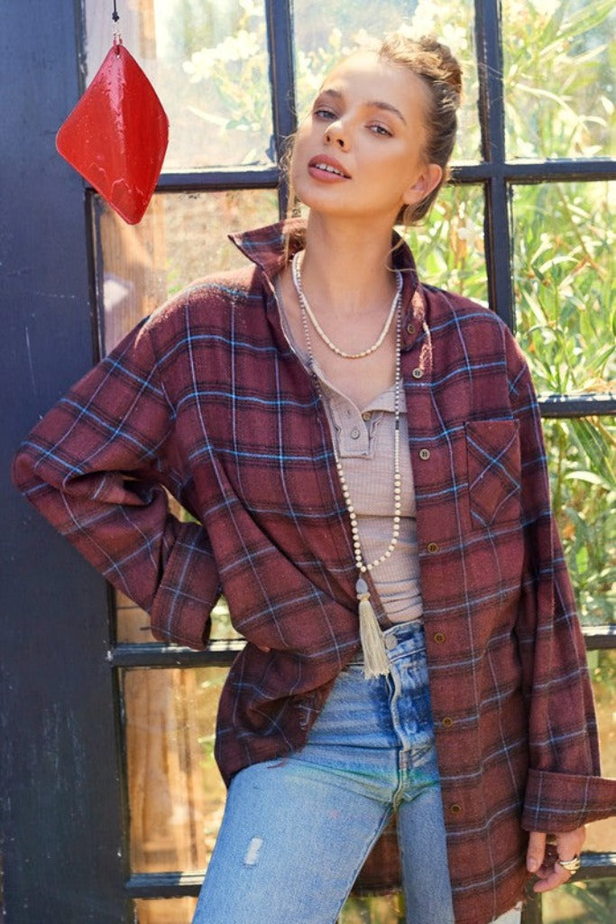 Tell Me More Flannel Top- Brown