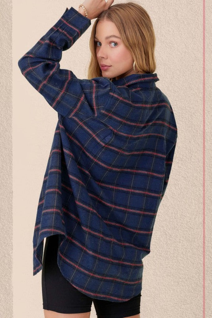 Tell Me More Flannel Top- Navy