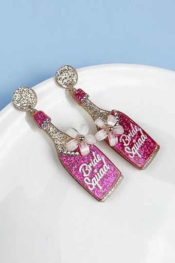 Bride Squad Champagne Bottle Earrings- Pink