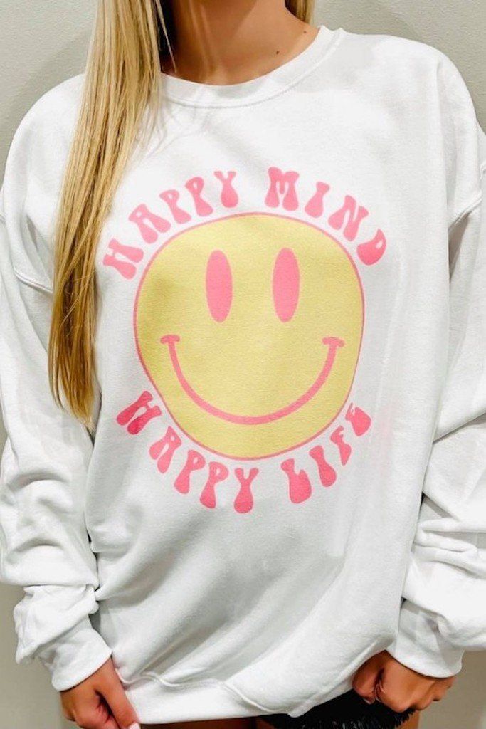 Happy Mind Smiley Graphic Sweatshirt - White