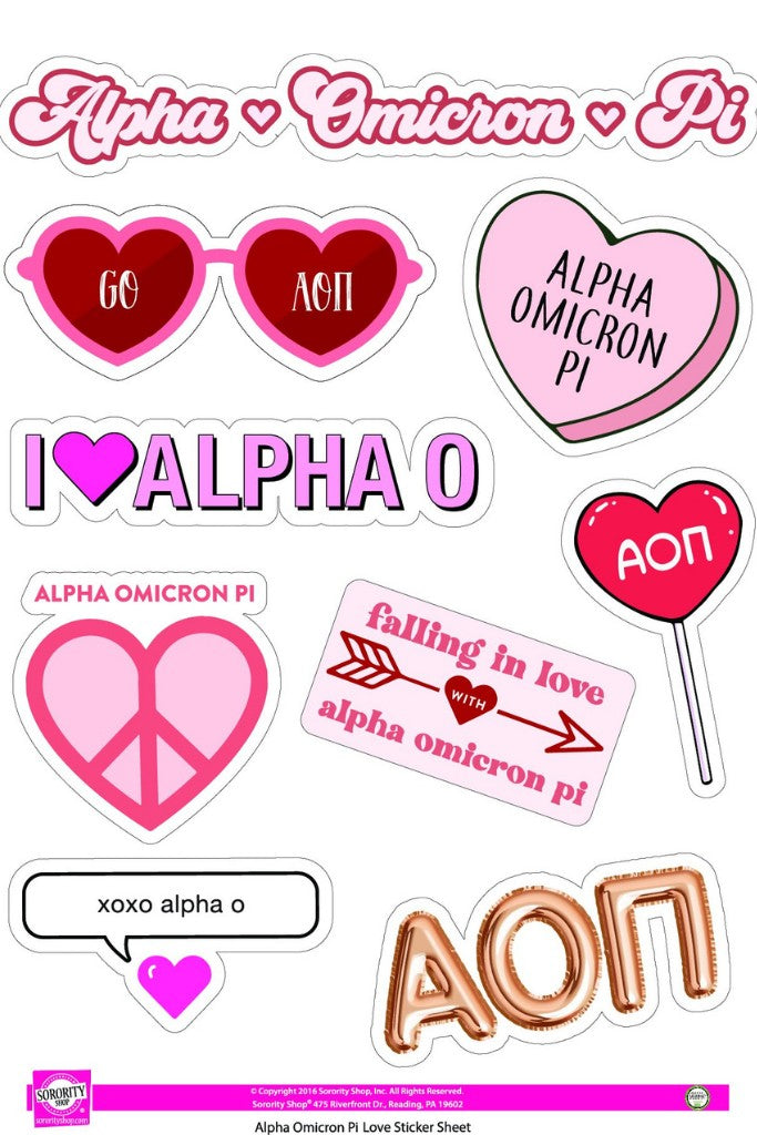 Love Theme Sorority Sticker Sheet - Alpha Omicron Pi