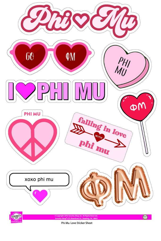 Love Theme Sorority Sticker Sheet - Phi Mu