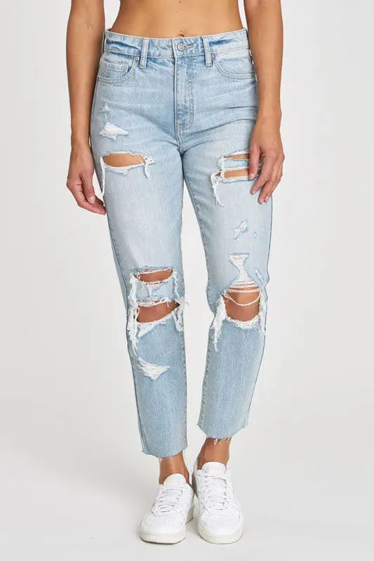 Moment Of Truth Distressed Mom Jeans- Light Denim