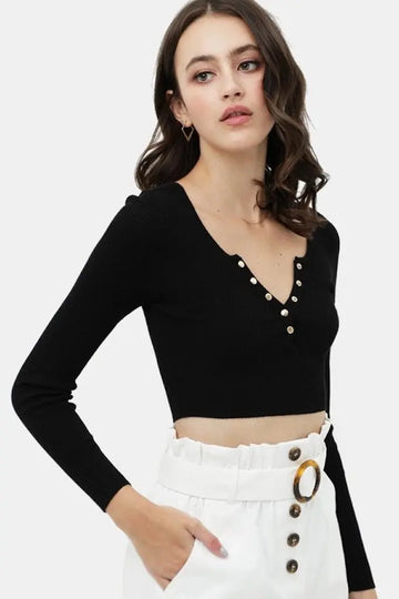 Not So Easy Cropped Button Sweater Top- Black