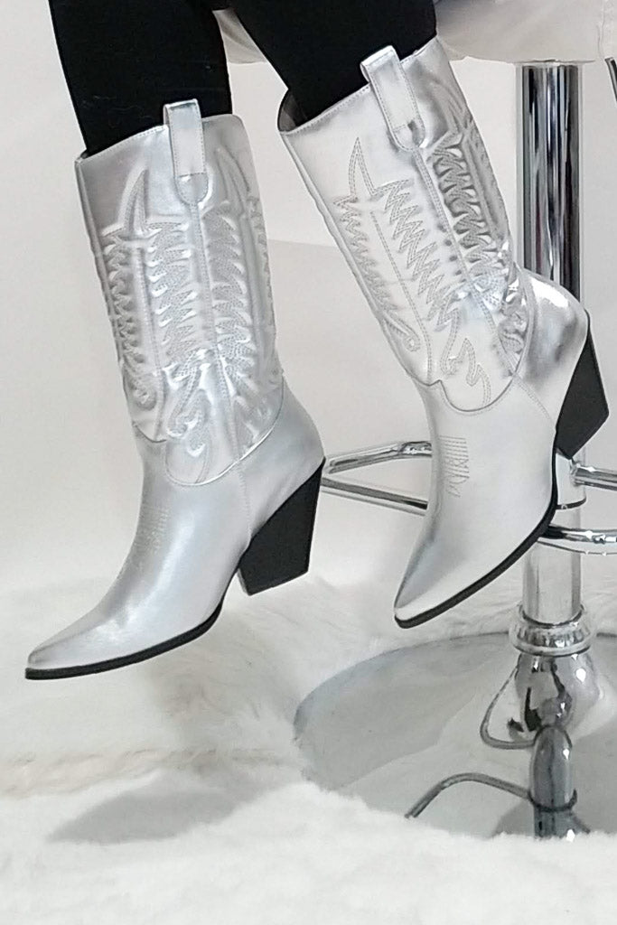 Looking On Cowboy Boots- Silver Metallic